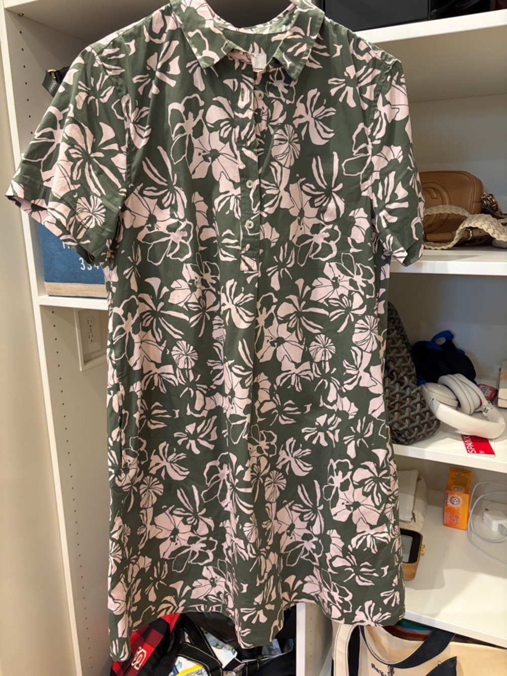 UNTUCKit Olive Green and Light Pink Floral Shirt Dress